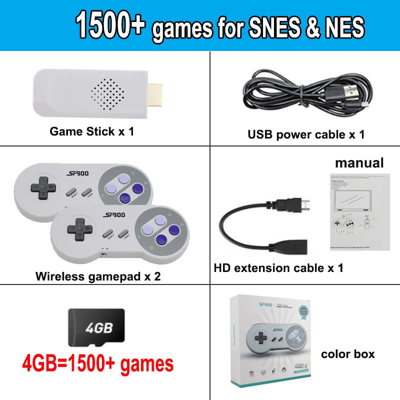 Consola de Videojuegos Retro SF900 HD Game Stick con 1500 Juegos para SNES y 2 mandos inalámbricos
