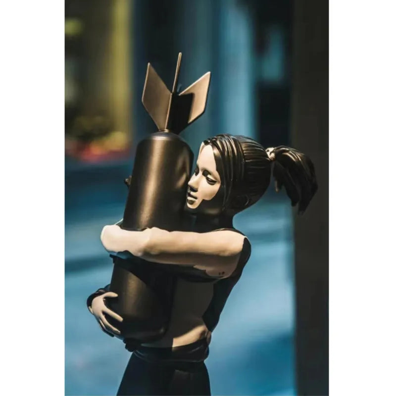 Banksy Hugging Bomb Girl Statue Hugger Hugging Peace Bomb Girl Art Resin Sculpture Street Art Design Ornaments Office Home Decor