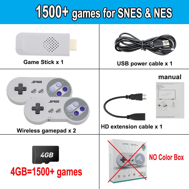 Consola de Videojuegos Retro SF900 HD Game Stick con 1500 Juegos para SNES, Controlador Inalámbrico, Consola de 16 bits para Videojuegos NES.